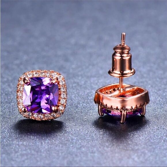 Purple Amethyst Diamond Zirconia Rose Gold Stud Luxury Earrings New In Gift Box - Picture 5 of 6